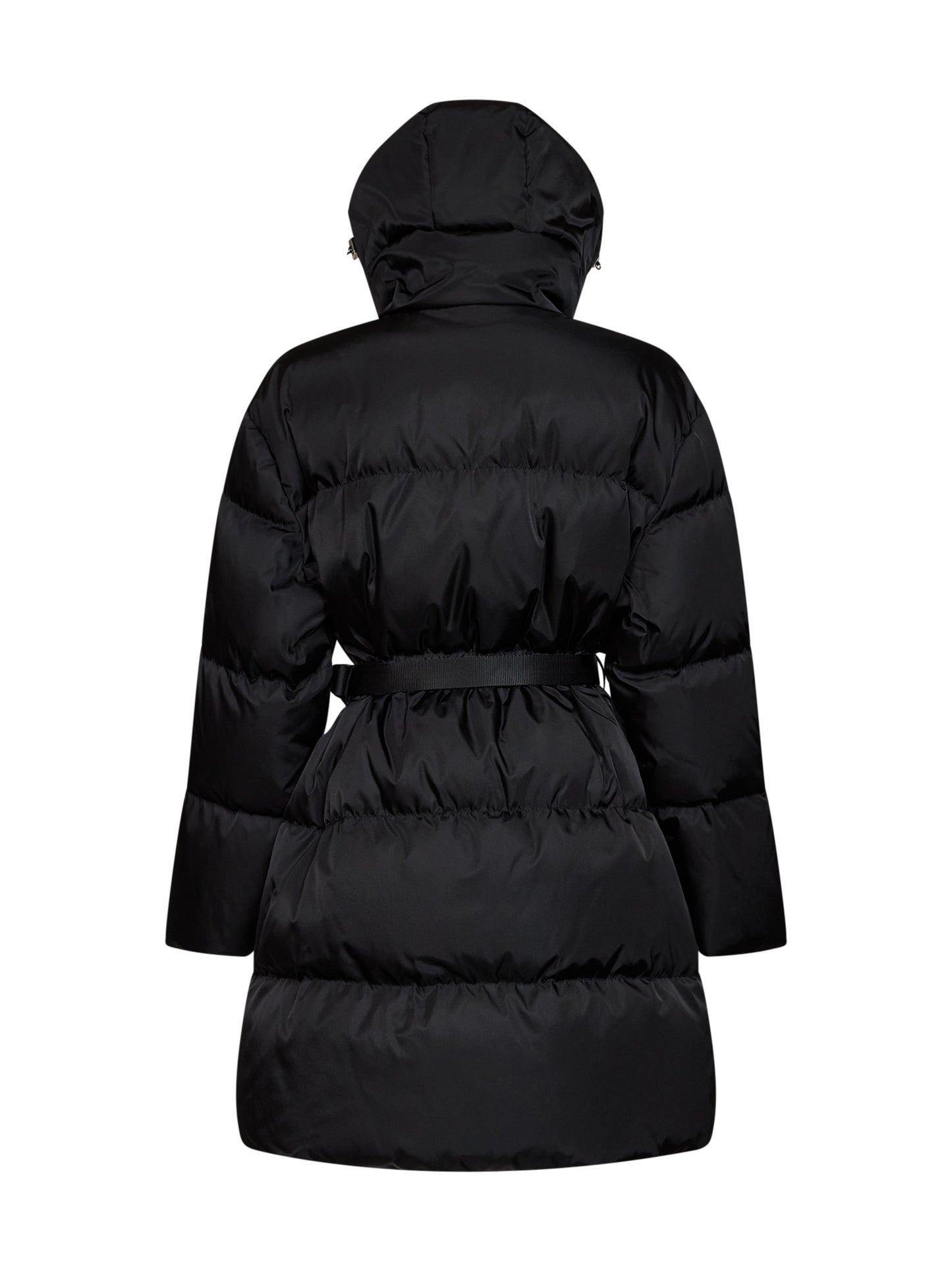 Piumino midi con cappuccio e marsupio in Re-Nylon nero