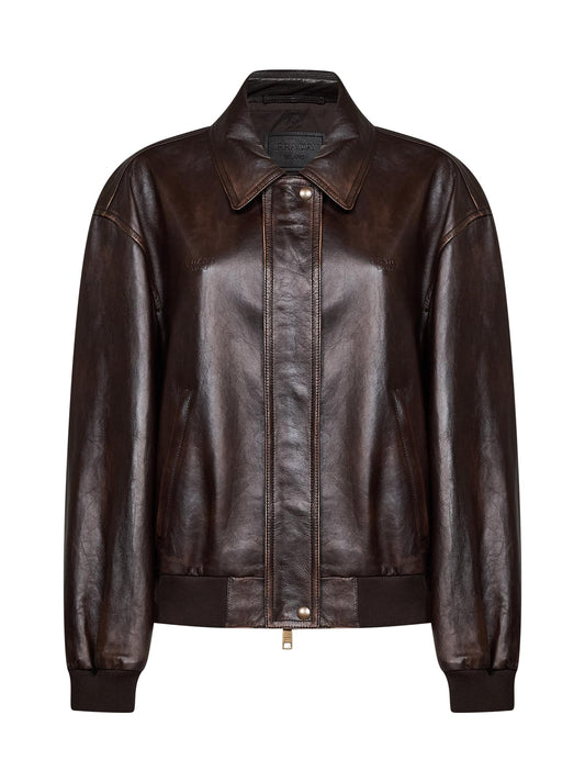 Dark brown vintage-effect nappa leather blouson
