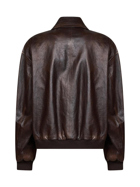 Dark brown vintage-effect nappa leather blouson