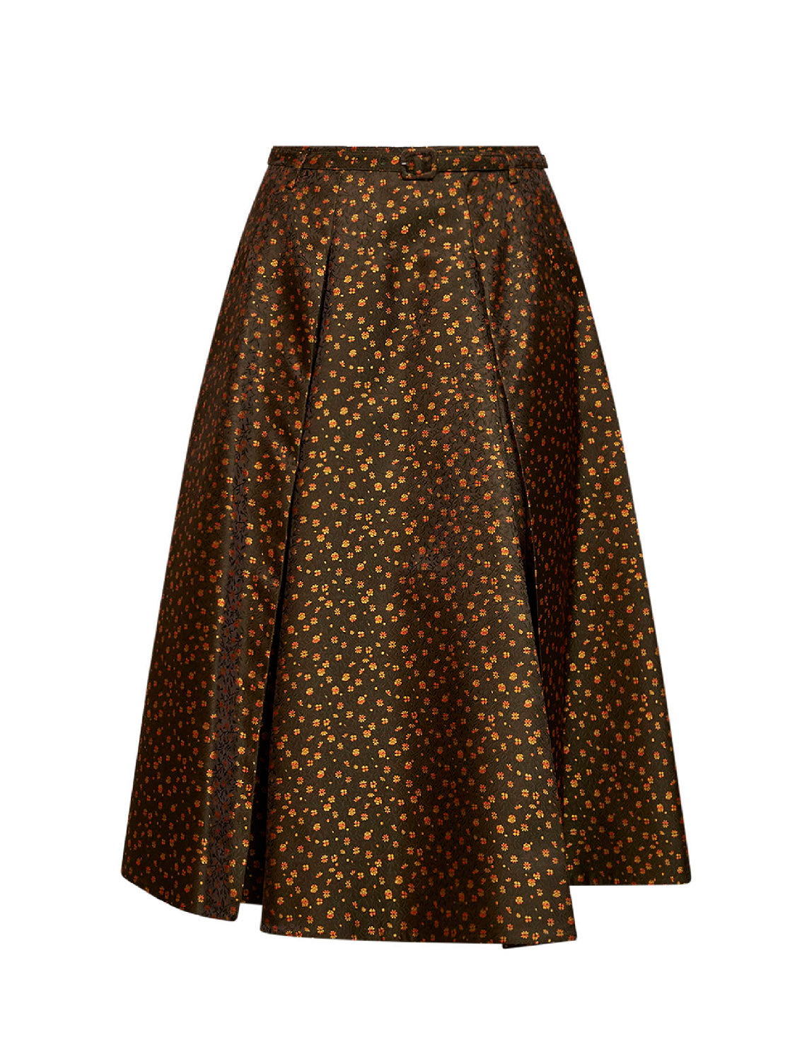 Military floral jacquard belted midi skirt