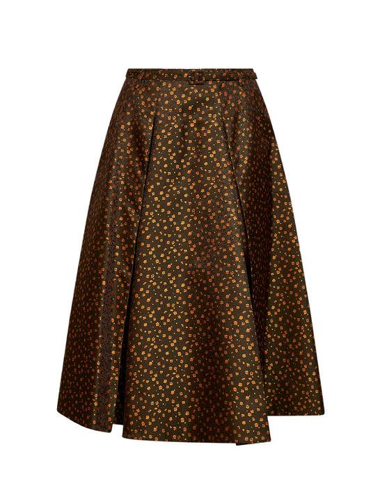 Military floral jacquard belted midi skirt