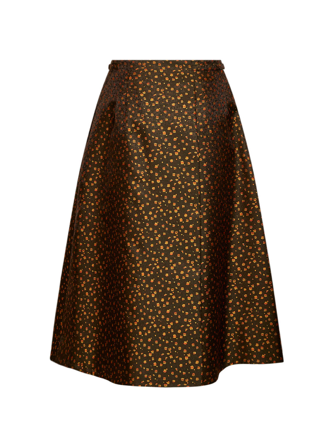 Military floral jacquard belted midi skirt