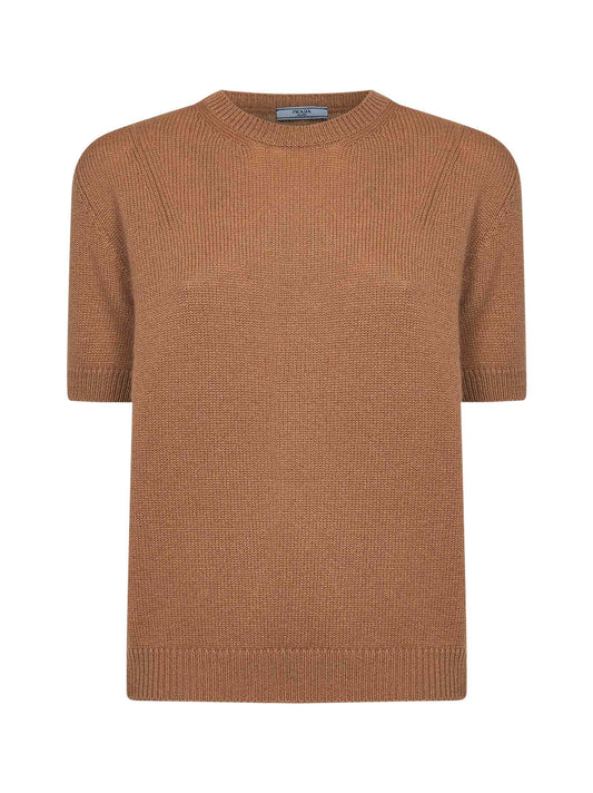 Maglia in cashmere cammello con foulard ricamato