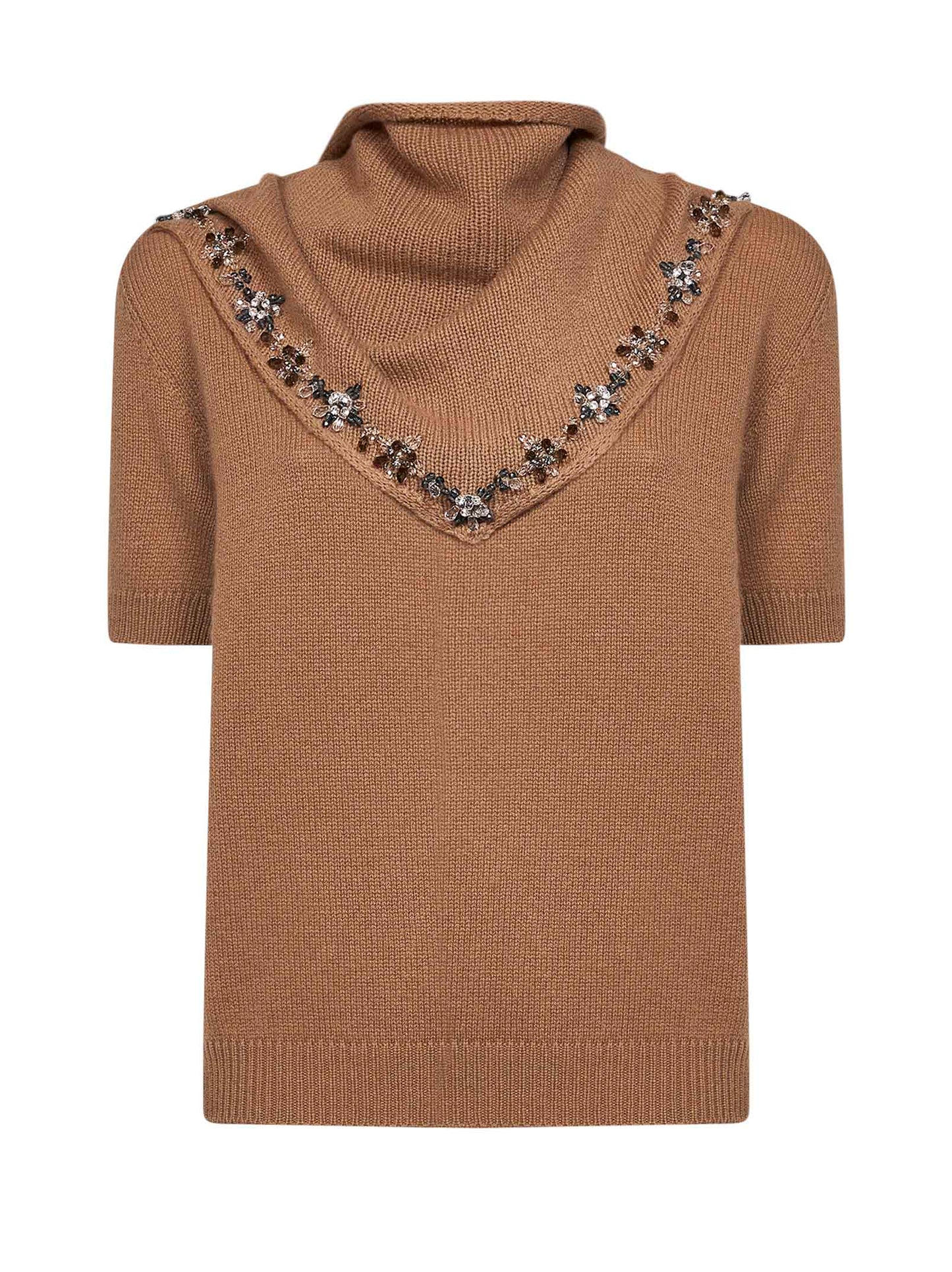 Maglia in cashmere cammello con foulard ricamato