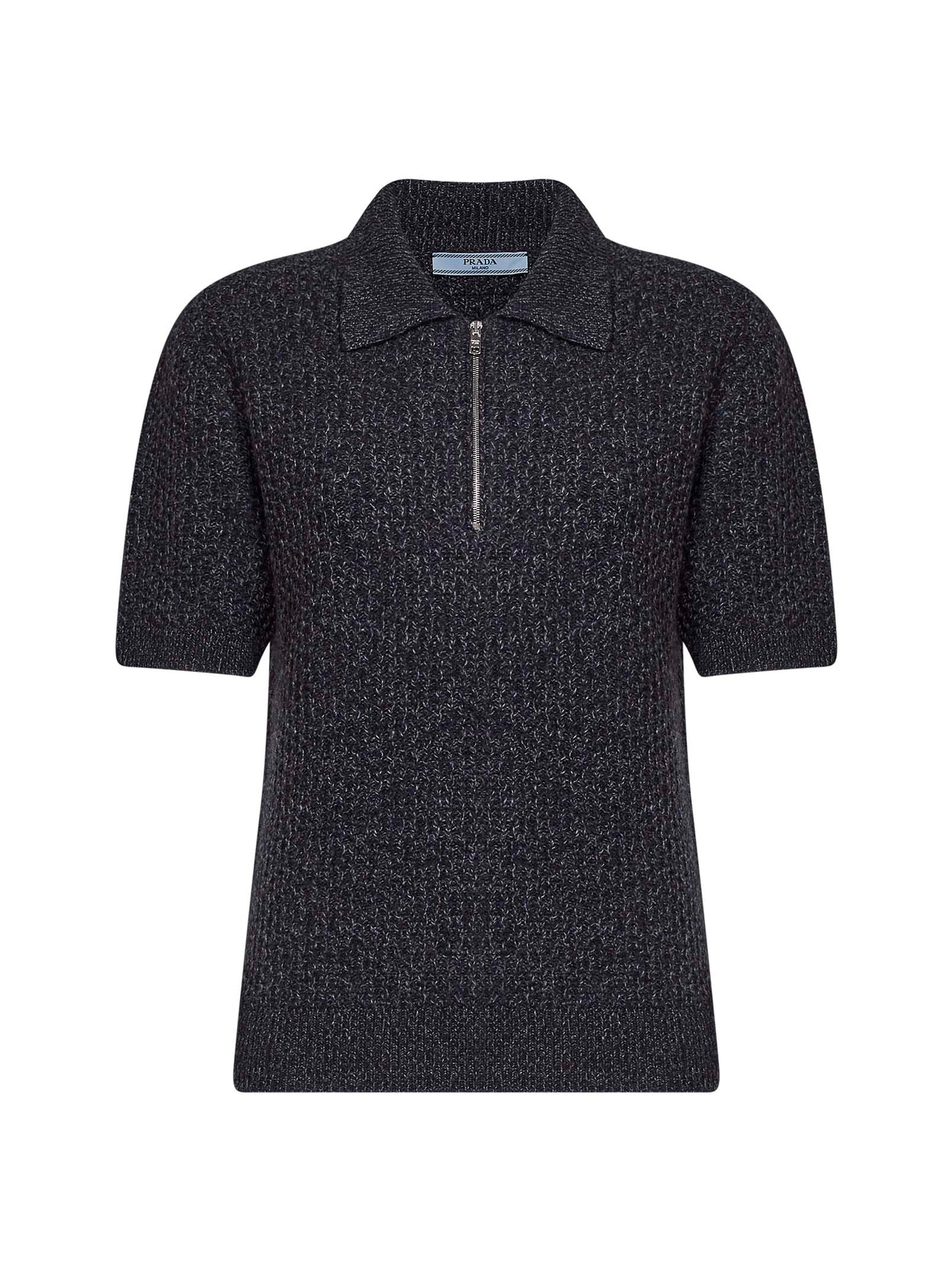 Dark brown and slate grey textured melange knit polo shirt
