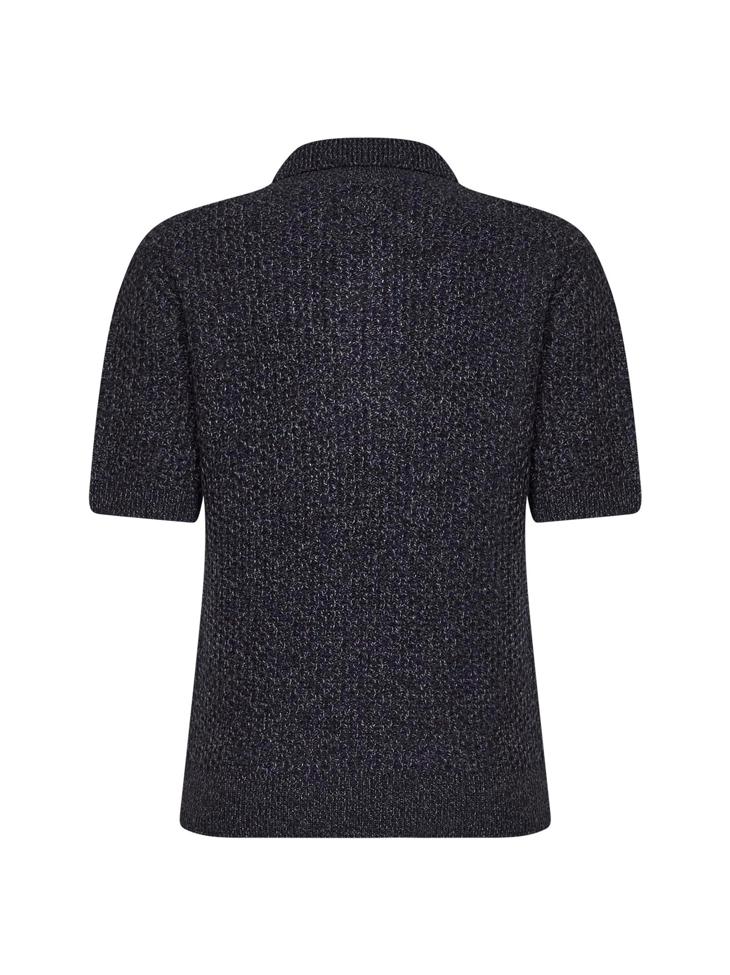 Dark brown and slate grey textured melange knit polo shirt