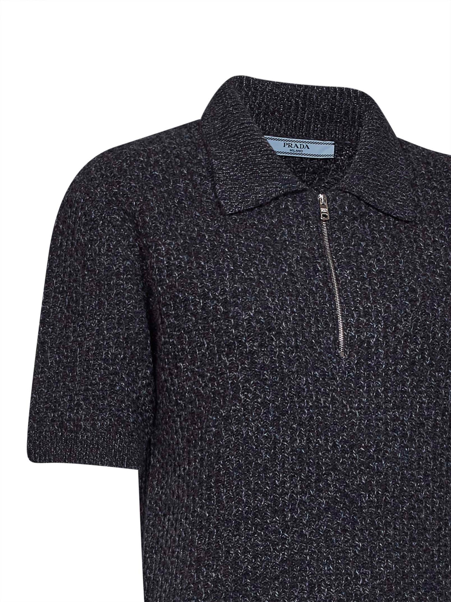 Dark brown and slate grey textured melange knit polo shirt