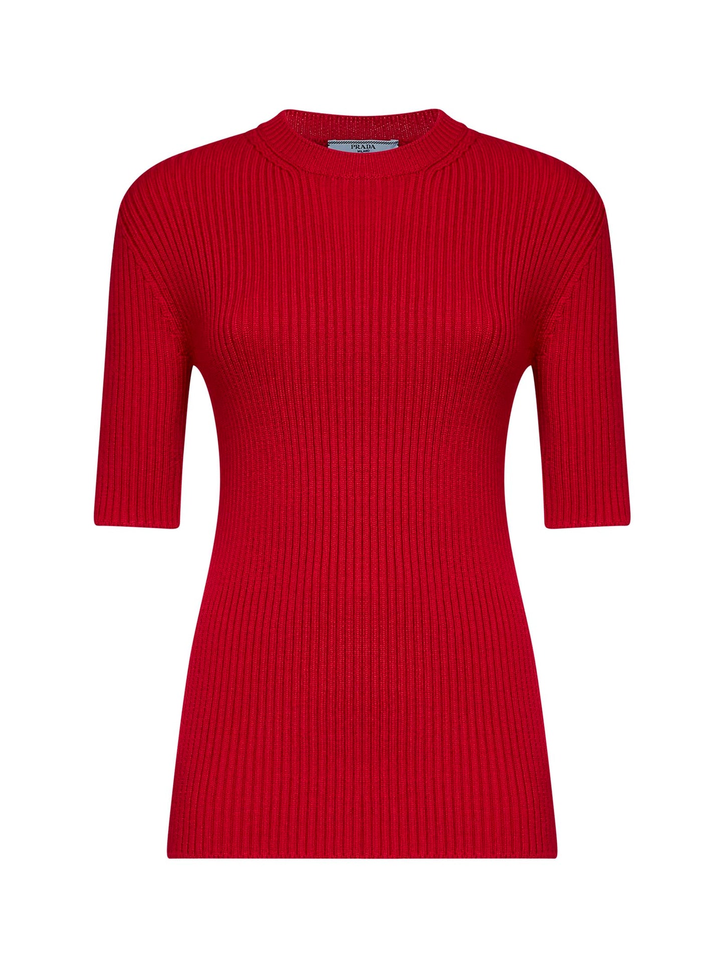 Red English rib stitch knit virgin wool sweater