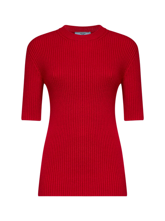 Red English rib stitch knit virgin wool sweater