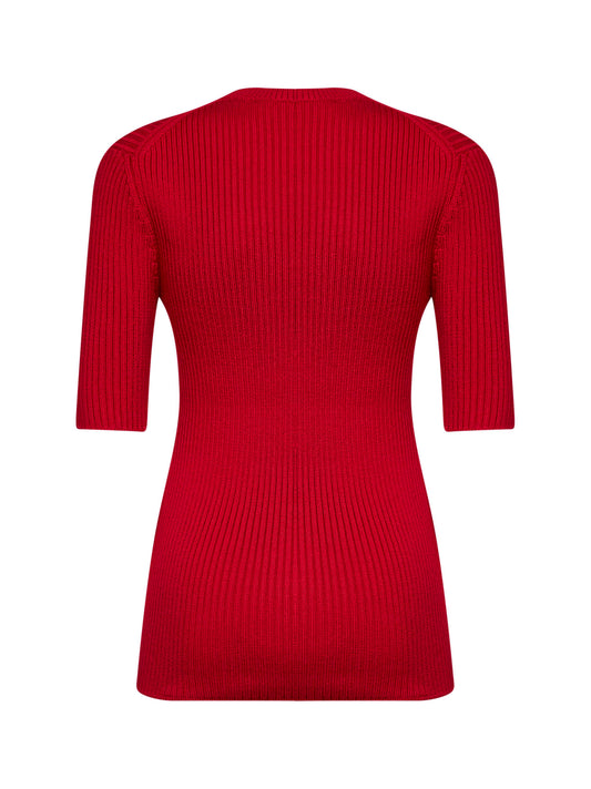 Red English rib stitch knit virgin wool sweater
