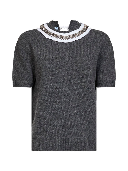 Maglia in lana ardesia con colletto ricamato<BR/>