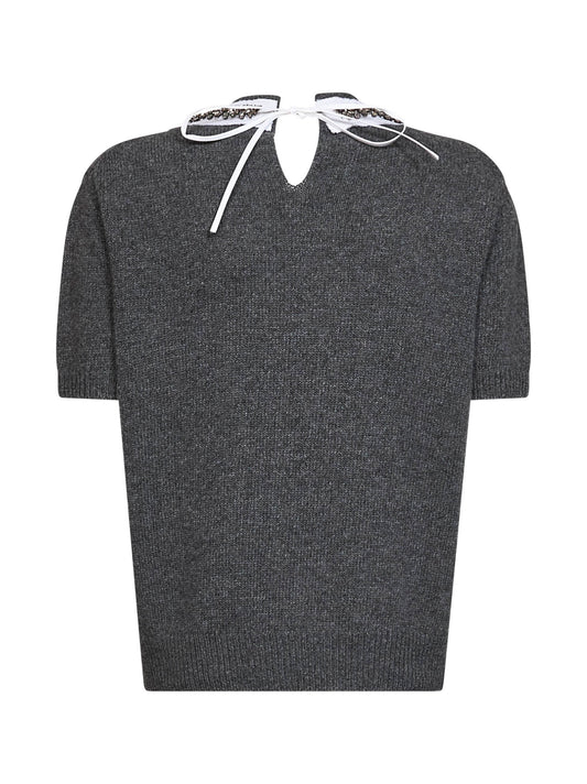 Maglia in lana ardesia con colletto ricamato<BR/>