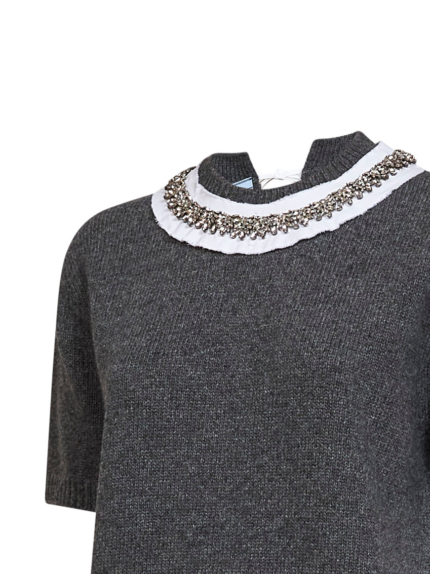 Maglia in lana ardesia con colletto ricamato<BR/>