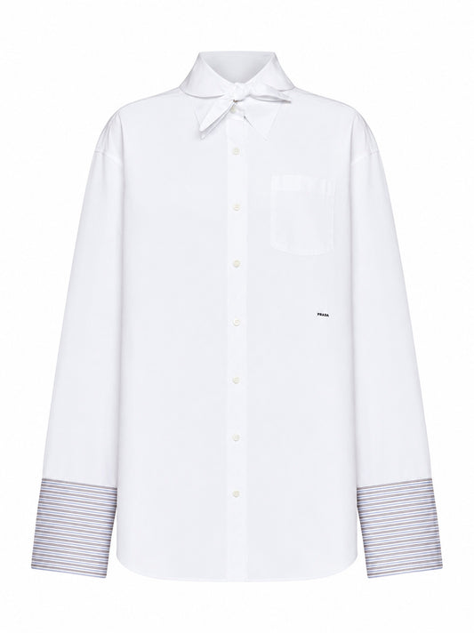 Camicia over in popeline bianco con polsini a righe<BR/>