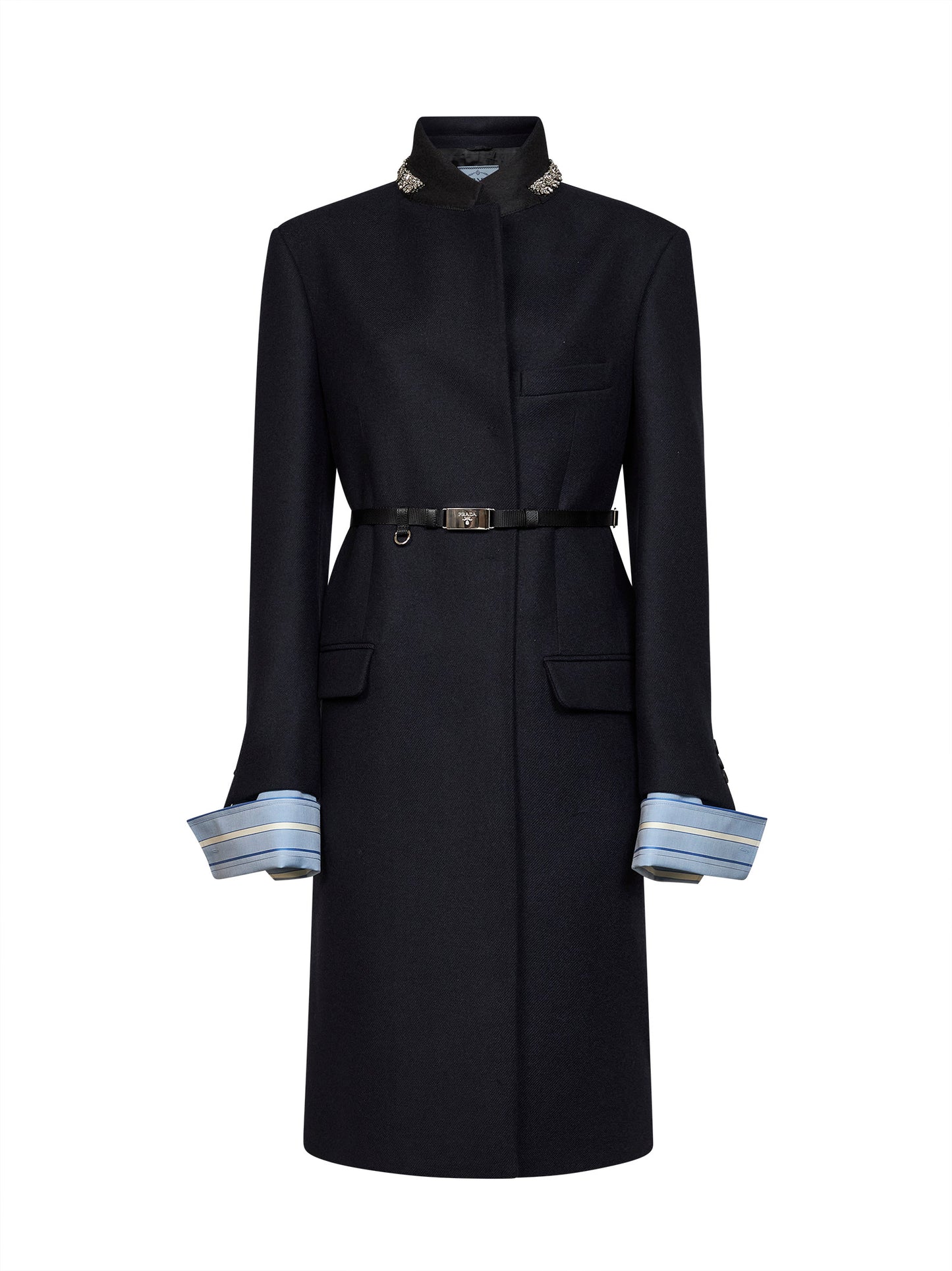 Blue virgin wool embroidered belted coat