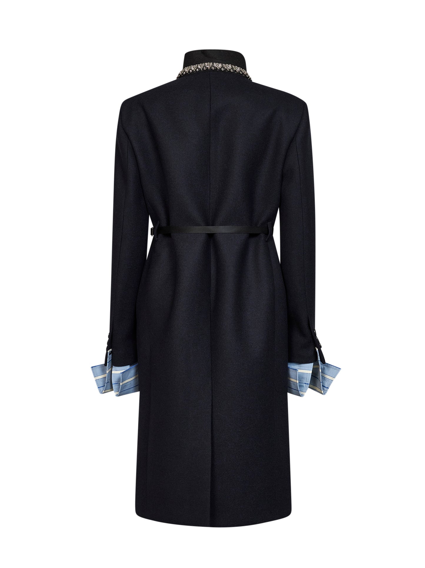 Blue virgin wool embroidered belted coat