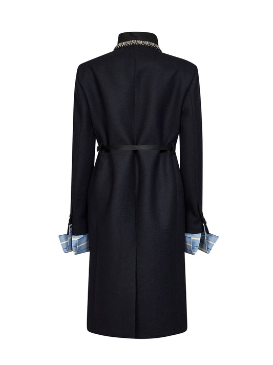 Blue virgin wool embroidered belted coat