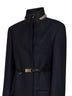 Blue virgin wool embroidered belted coat