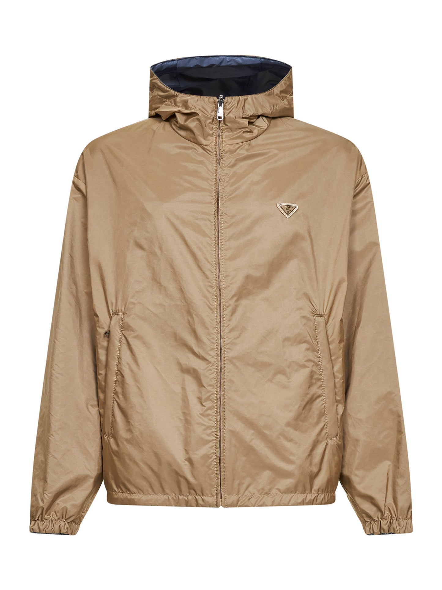 Camel and avio blue Re-Nylon reversible hooded jacket