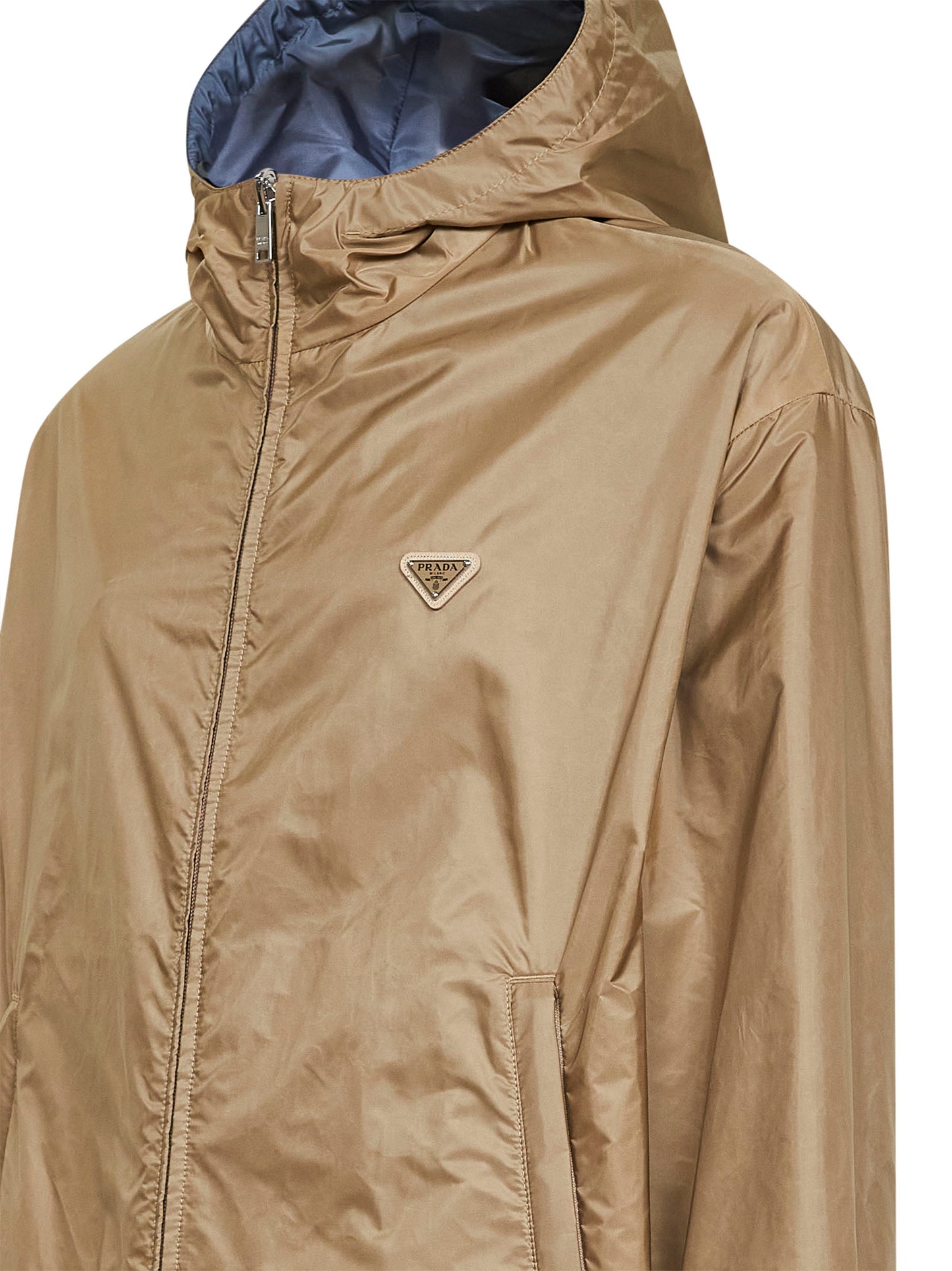 Camel and avio blue Re-Nylon reversible hooded jacket