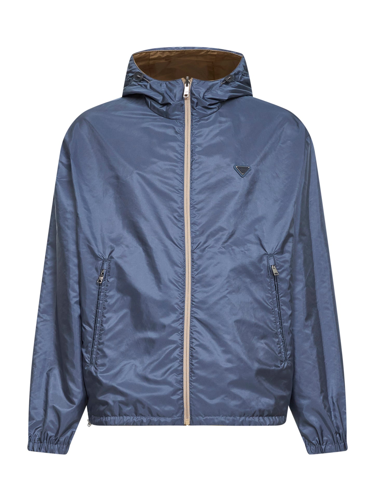 Camel and avio blue Re-Nylon reversible hooded jacket