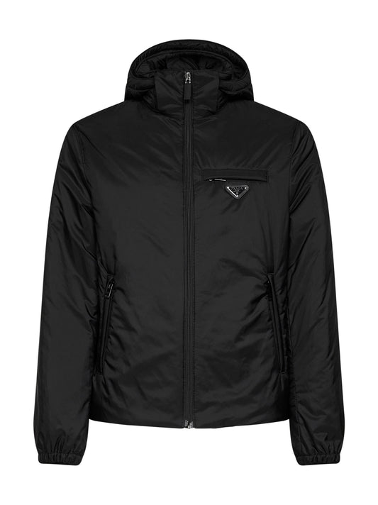 Black Re-Nylon hooded down jacket