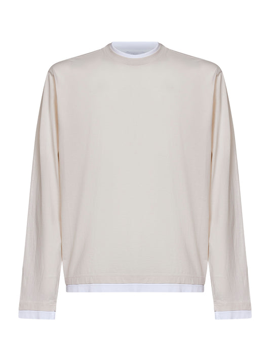 Talc and white cotton long-sleeved T-shirt