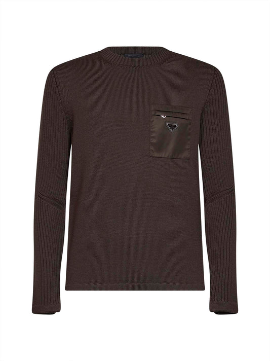Dark brown wool knit sweater with nylon pocket