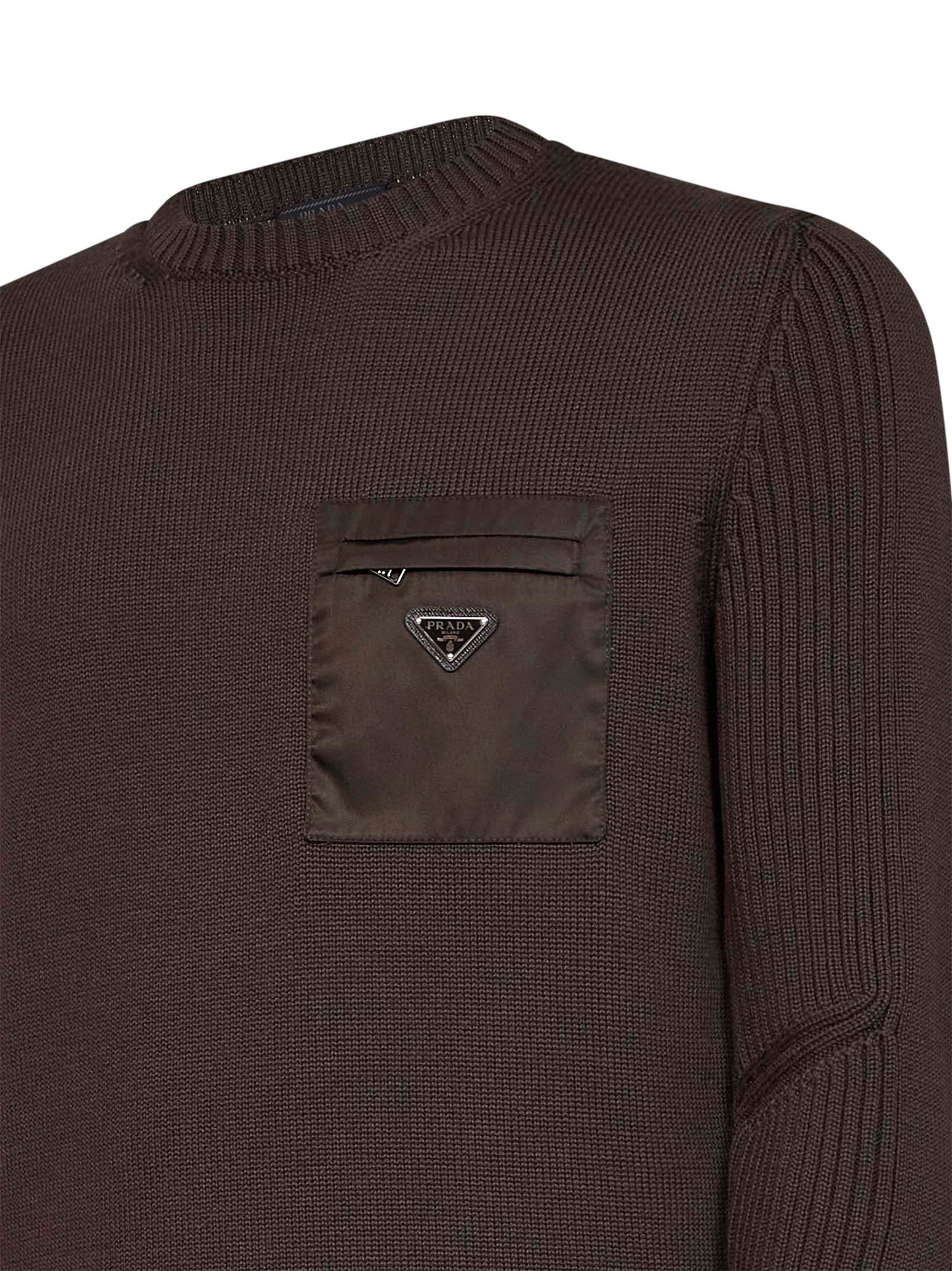 Dark brown wool knit sweater with nylon pocket