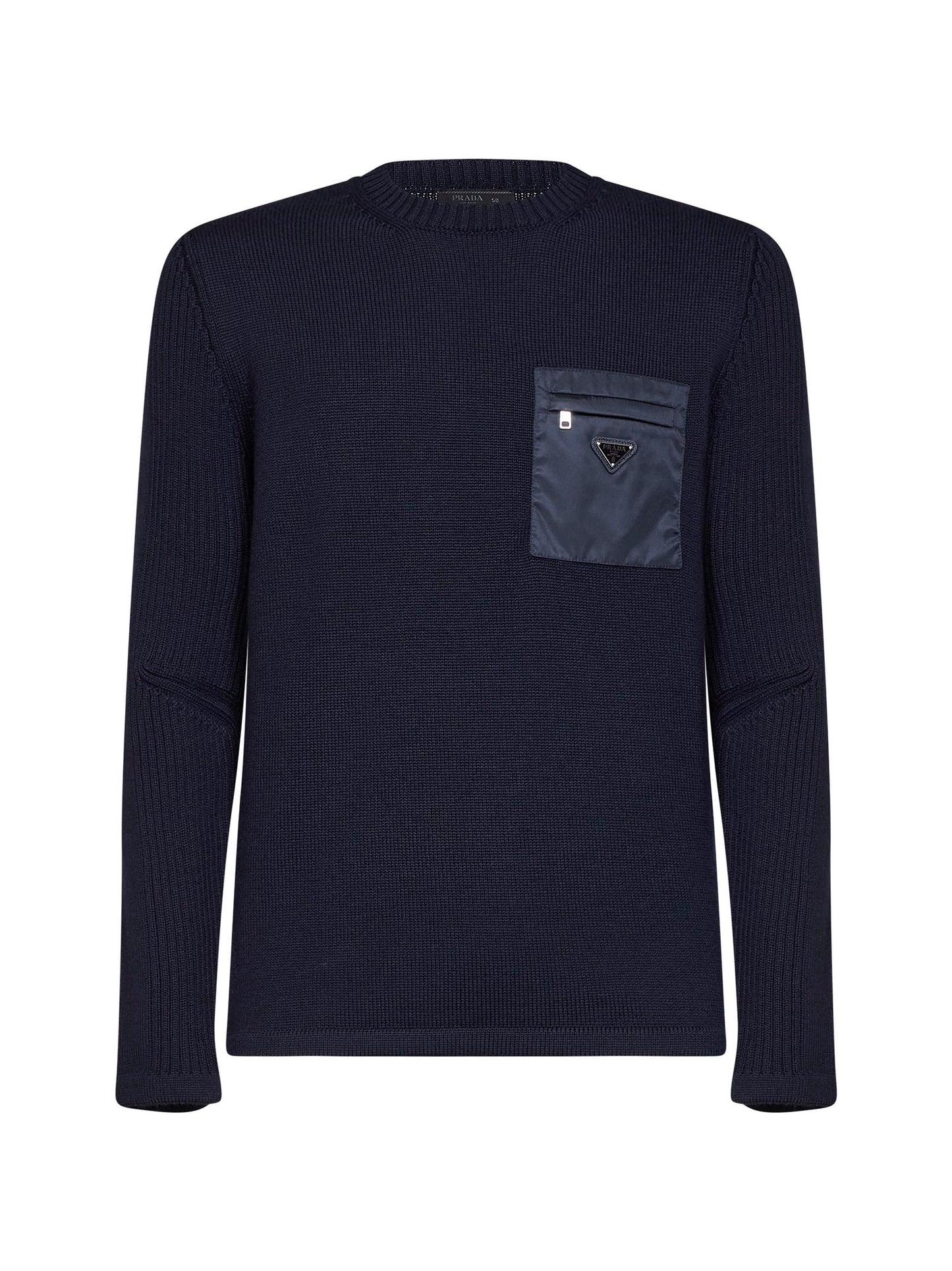 Blue wool knit sweater with nylon pocket