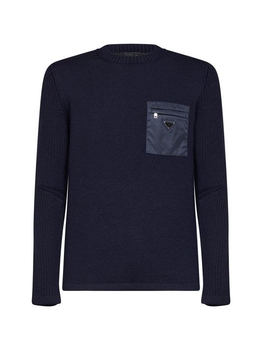Blue wool knit sweater with nylon pocket