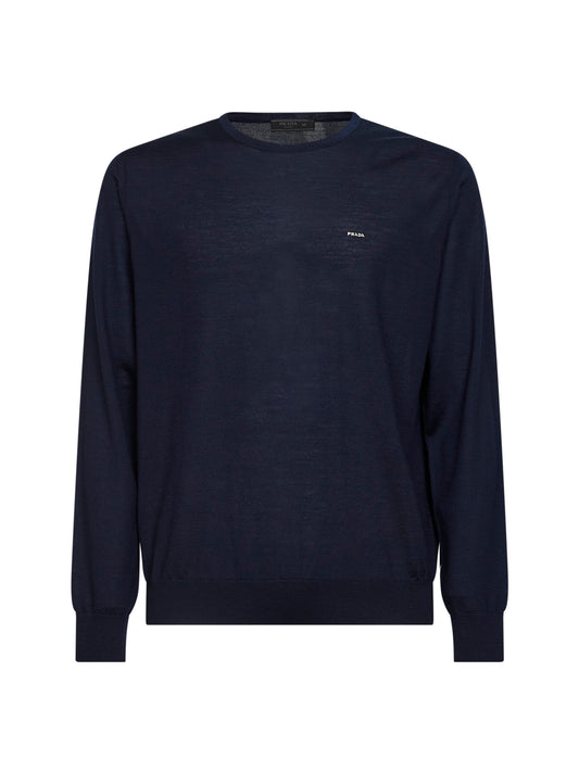 Blue superfine wool knit crewneck sweater