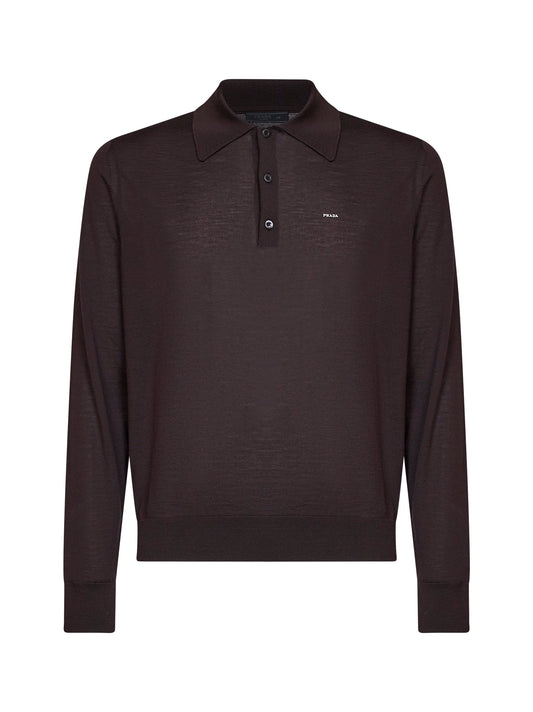 Dark brown combed wool long-sleeved polo shirt