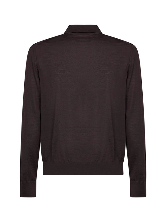 Dark brown combed wool long-sleeved polo shirt