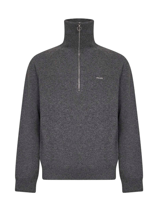 Slate wool and cashmere knit half-zip polo shirt