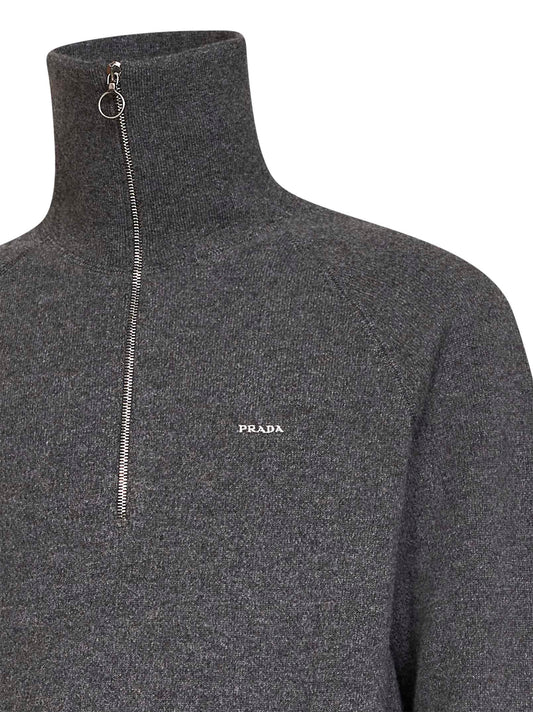 Slate wool and cashmere knit half-zip polo shirt
