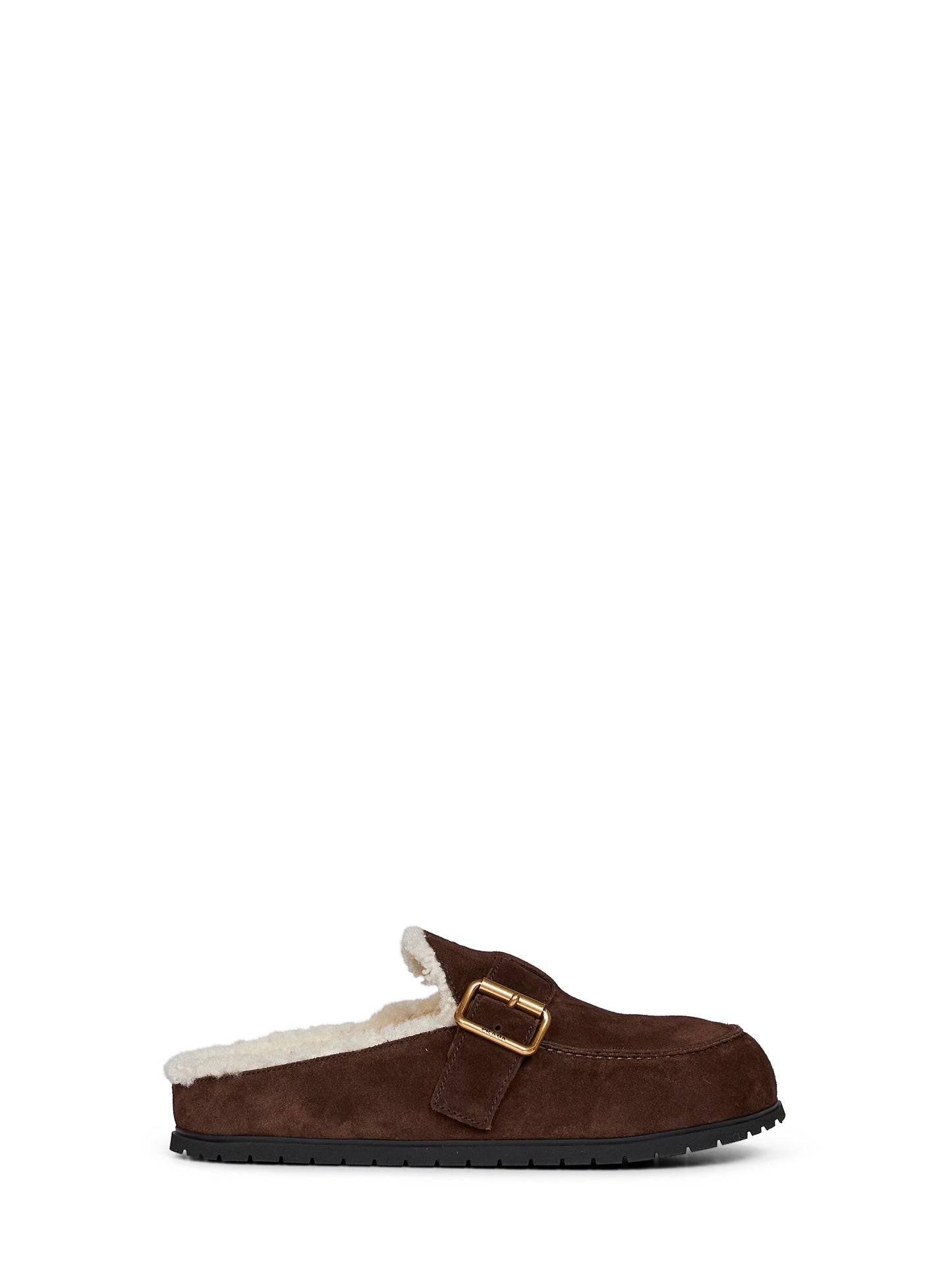 Dark brown suede and shearling mules