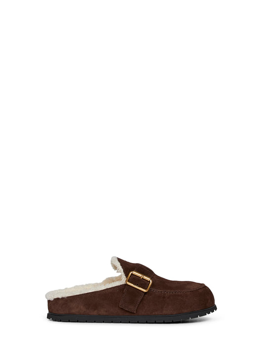 Dark brown suede and shearling mules