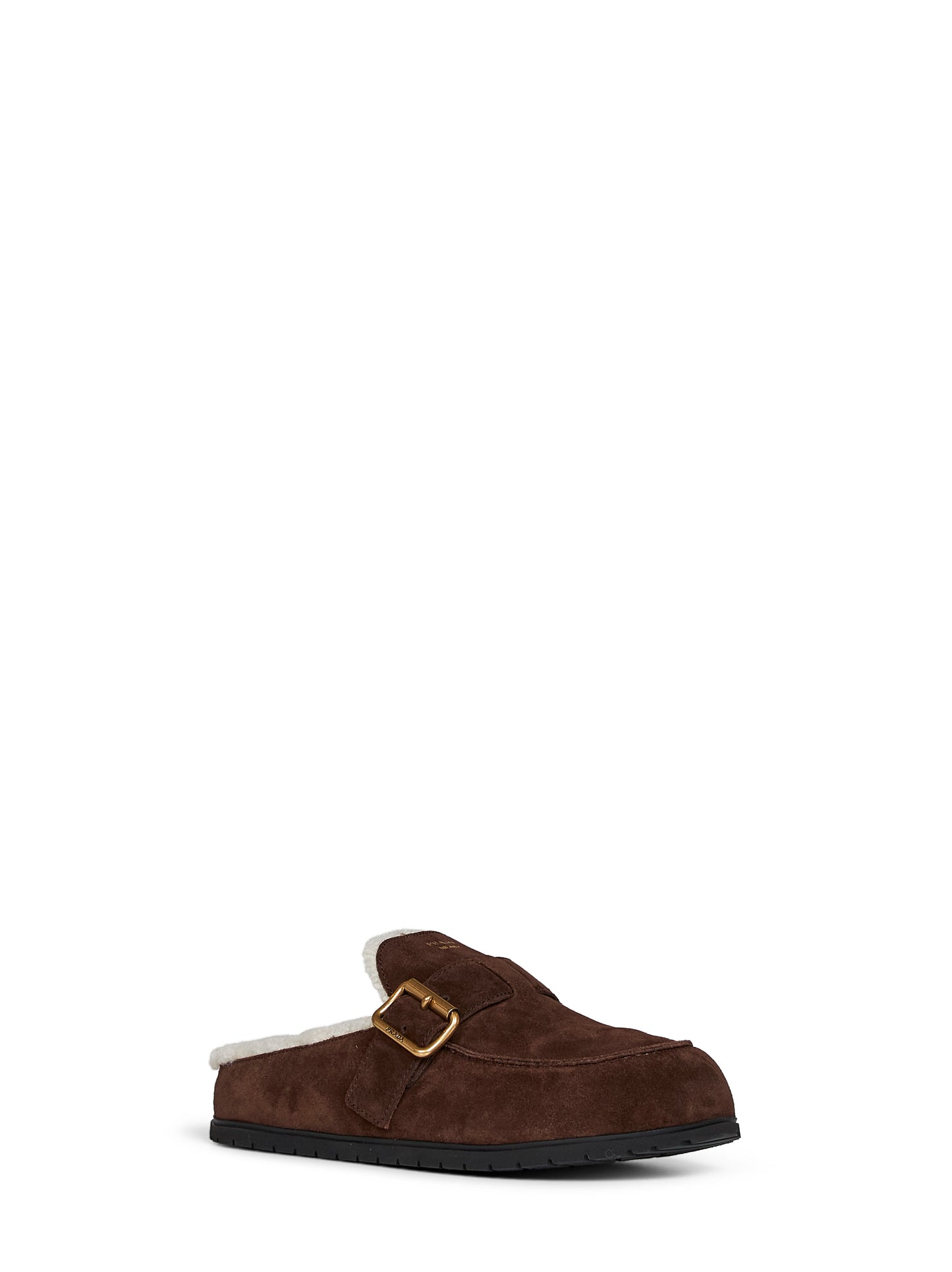 Dark brown suede and shearling mules