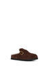 Dark brown suede and shearling mules