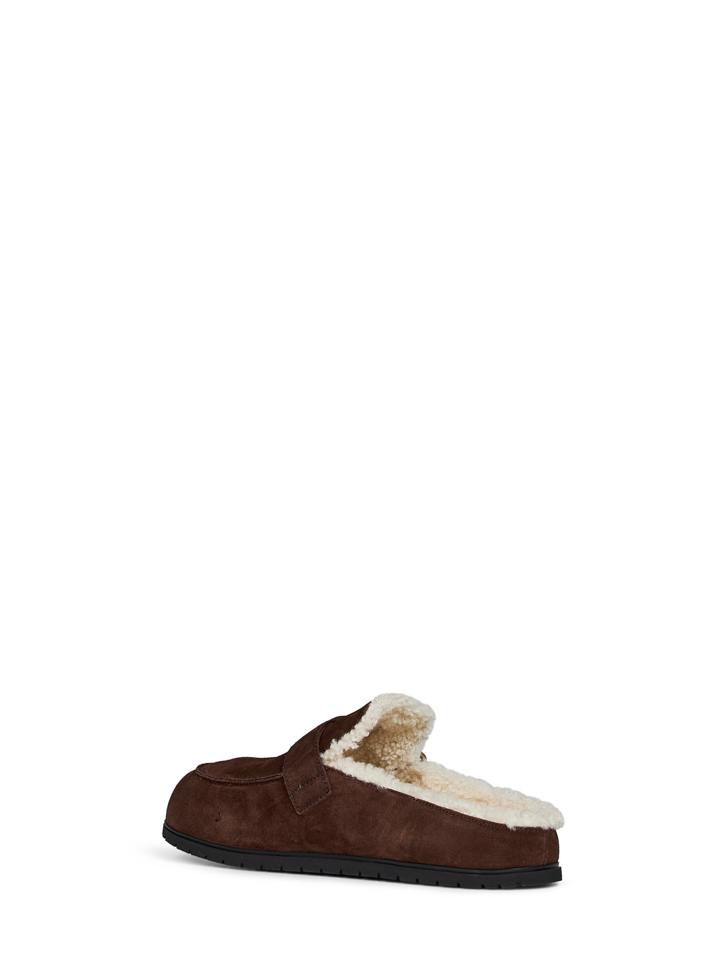 Dark brown suede and shearling mules