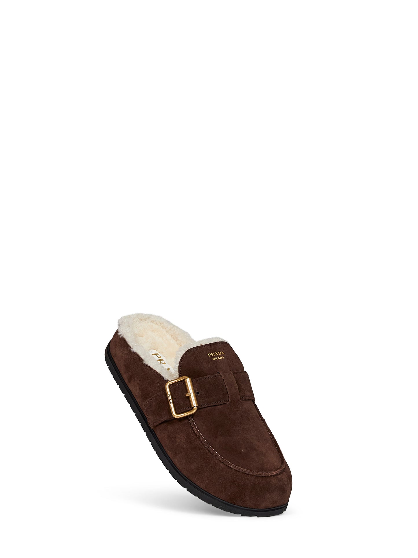 Dark brown suede and shearling mules