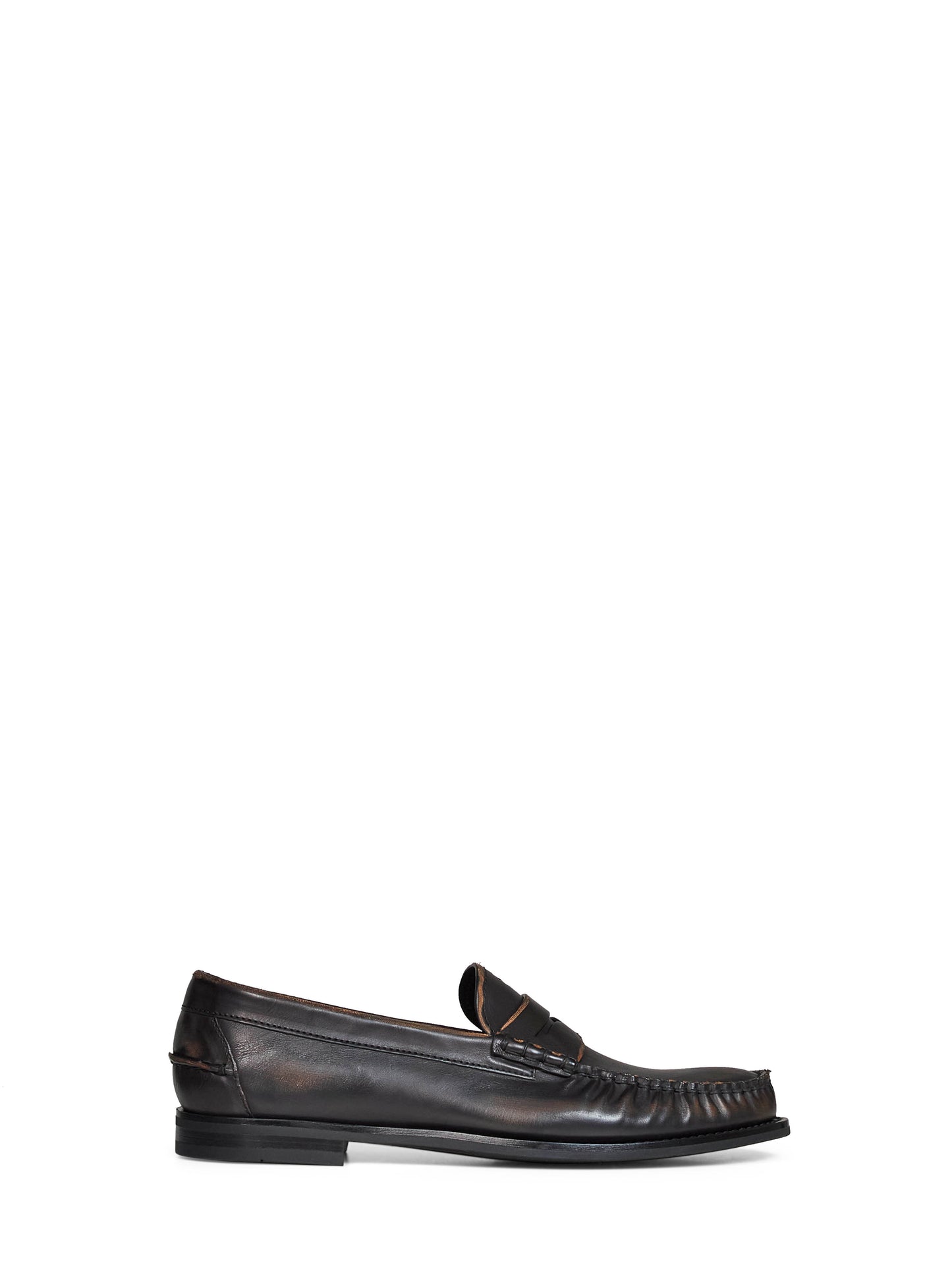 Black/tan antiqued leather loafers