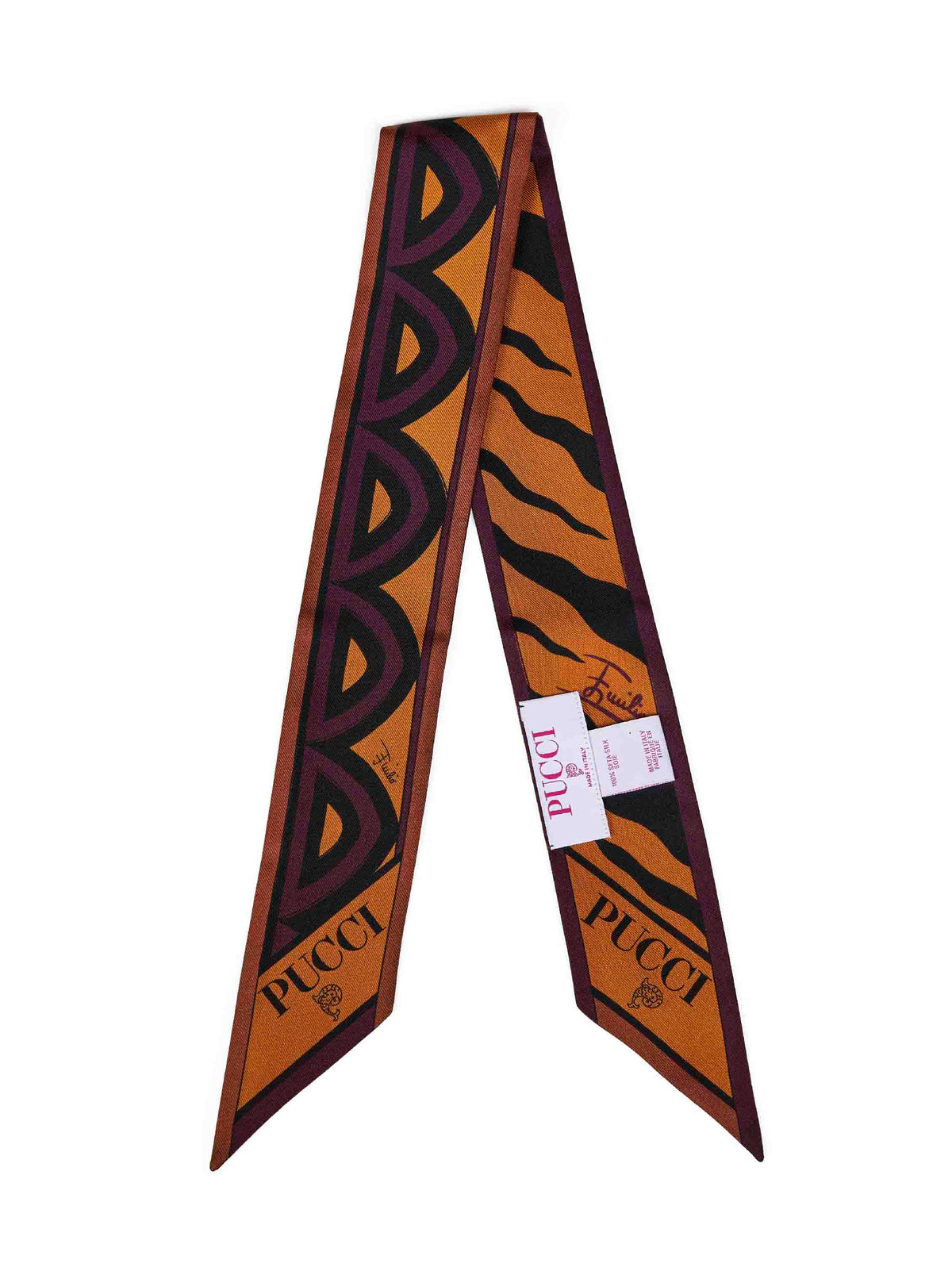 Foulard bandeau in twill di seta stampe Baiadera e Fiamme bordeaux e oro