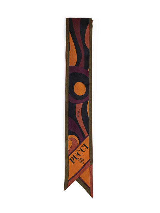 Foulard bandeau in twill di seta stampe Marmo e Cerchi bordeaux e oro