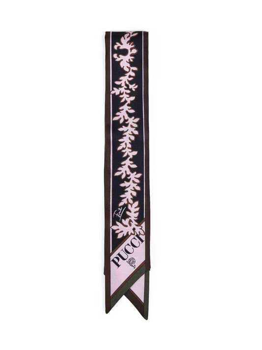 Foulard bandeau in twill di seta stampe Selva e Iride kaki e rosa
