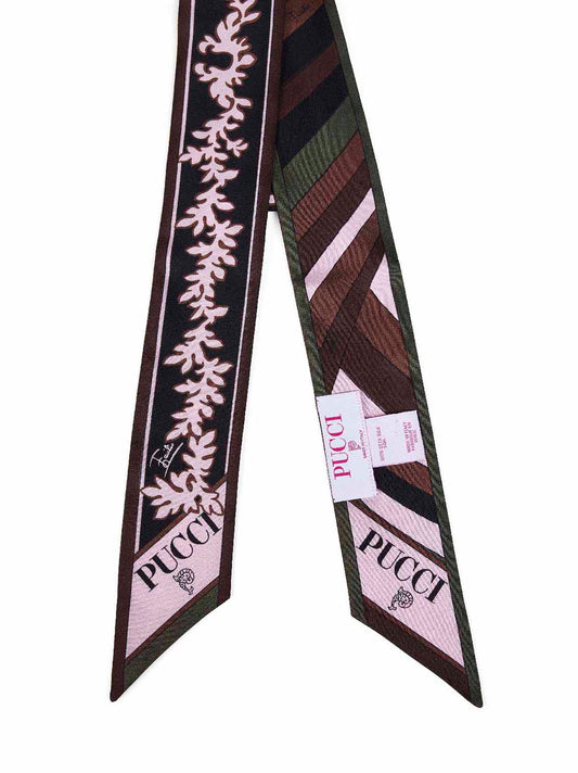 Foulard bandeau in twill di seta stampe Selva e Iride kaki e rosa