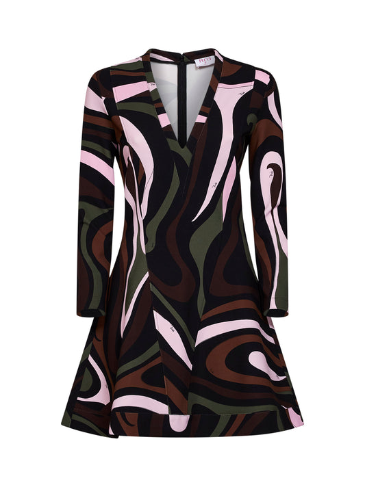 Khaki and pink Marmo-print compact jersey mini dress