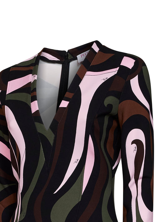 Khaki and pink Marmo-print compact jersey mini dress