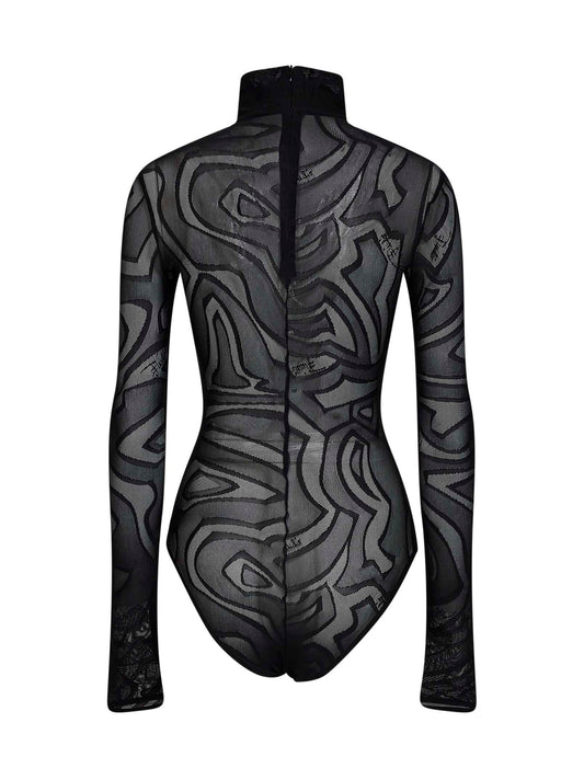 Black Labirinto-pattern jacquard tulle bodysuit